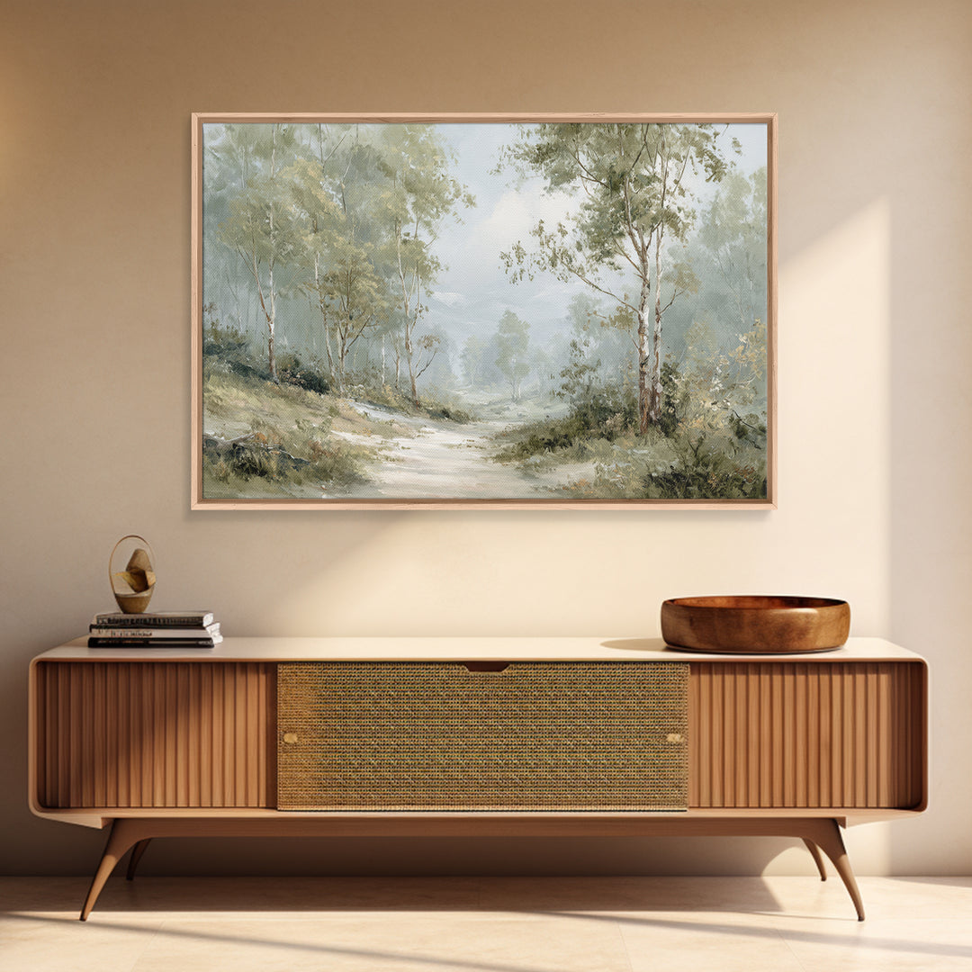 Misty Forest Path Framed Canvas Print, Waiting Room Art, Wall Sculpture, Waiting Room Decor, Oil Painting, Calm, Dog Wall Art, WRA-3x2-63