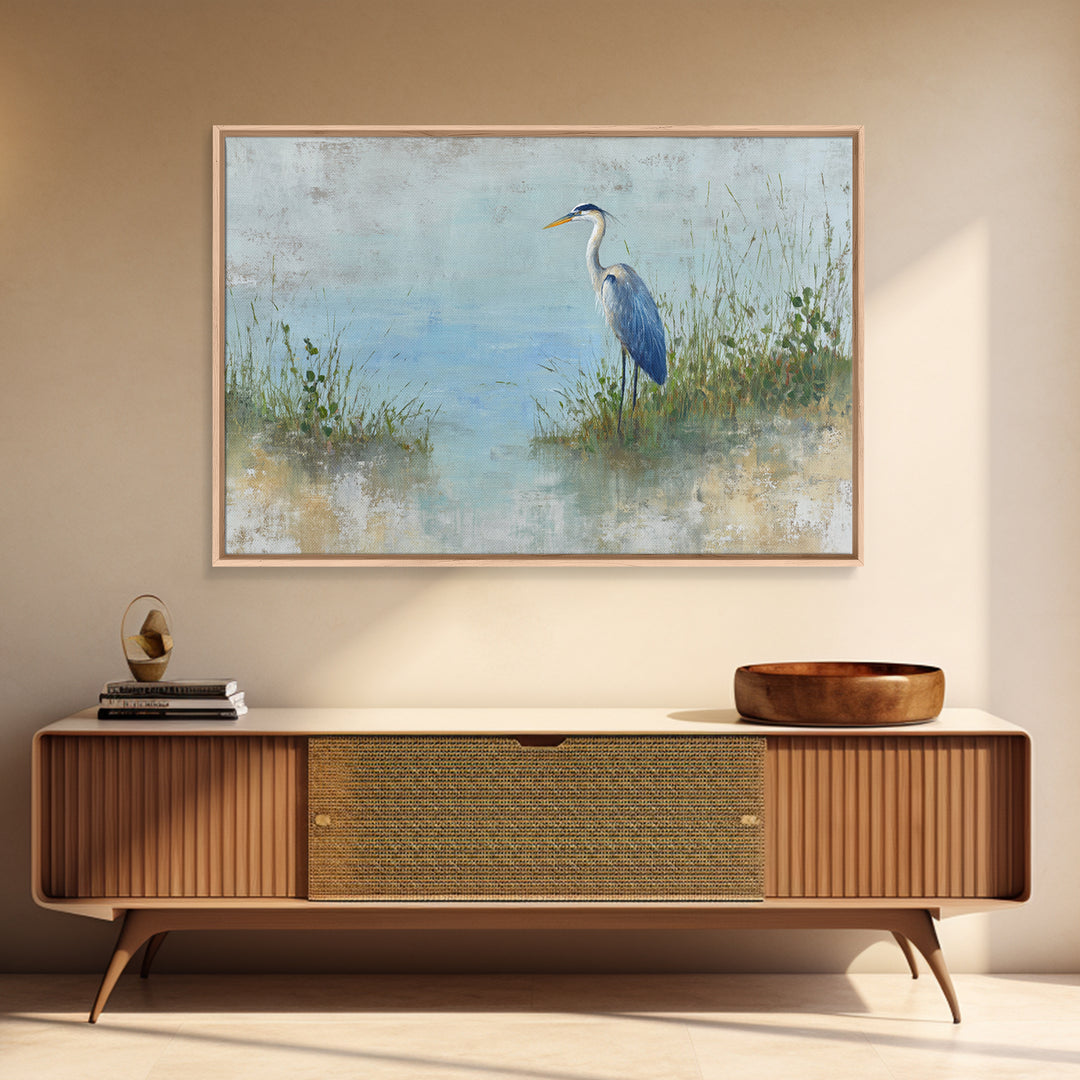 Blue Heron in Quiet Marsh Framed Canvas Print, Waiting Room Art, Gallery Decor, Waiting Room Decor, Abstract Art, Calm, WRA-3x2-64