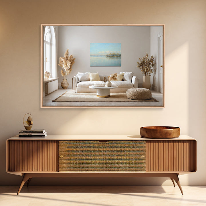 Peaceful Lake Reflection at Dawn Framed Canvas Print, Waiting Room Art, Living Room Wall Art, Waiting Room Decor, Calm, WRA-3x2-8