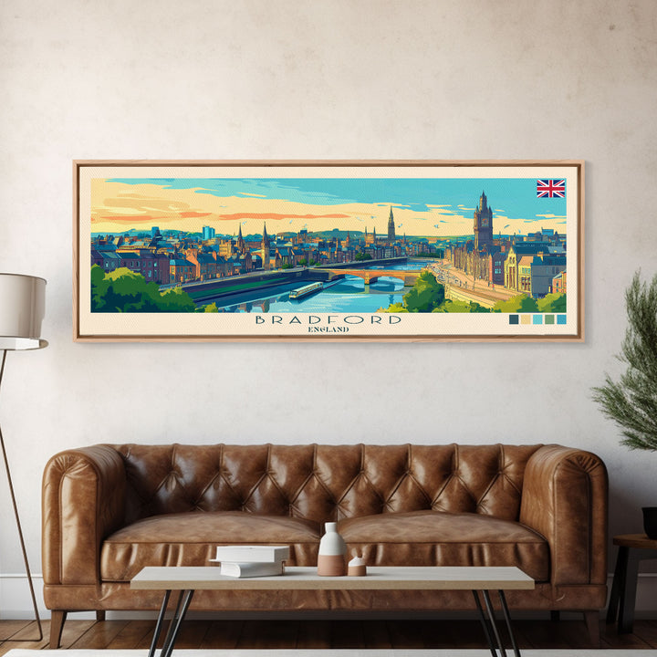 Bradford, England Panoramic Travel Poster Canvas Print, Bradford, England Painting, England Art, Bradford Travel Art, Guest Room Painting