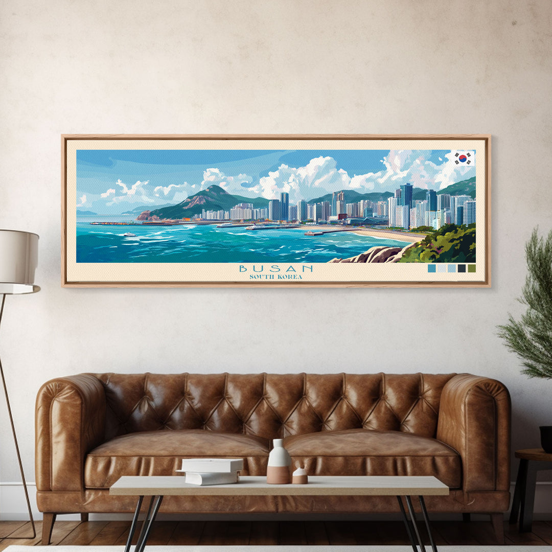 Busan, South Korea Travel Poster Panoramic Canvas Print, Busan, South Korea Painting, South Korea Art, Busan Travel Art, Guest Room Painting