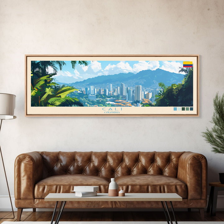 Cali, Colombia Travel Poster Panoramic Canvas Print, Cali, Colombia Painting, Colombia Art, Cali Travel Art, Guest Room Painting
