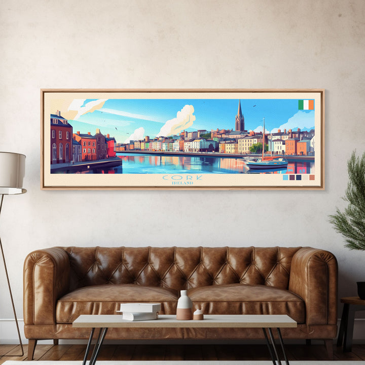 Cork, Ireland Panoramic Travel Poster Canvas Print, Cork, Ireland Painting, Ireland Art, Cork Travel Art, Living Room Painting