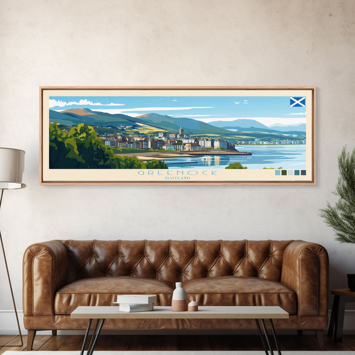 Greenock, Scotland Panoramic Travel Poster Canvas Print, Greenock, Scotland Painting, Scotland Art, Greenock Travel Art, Guest Room Painting
