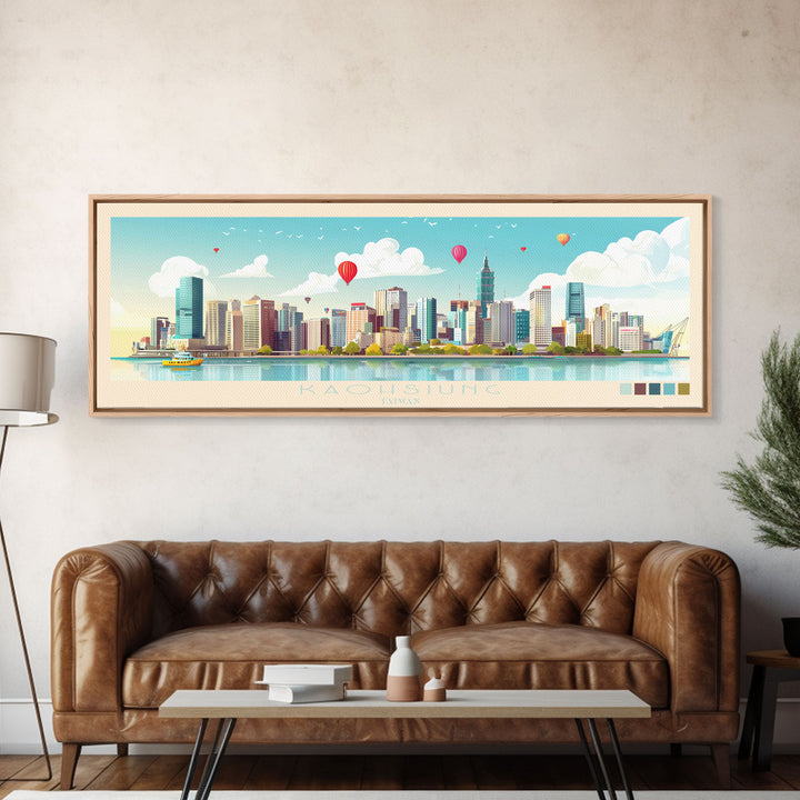 Kaohsiung, Taiwan Panoramic Travel Poster Canvas Print, Kaohsiung, Taiwan Painting, Taiwan Art, Kaohsiung Travel Art, Guest Room Painting
