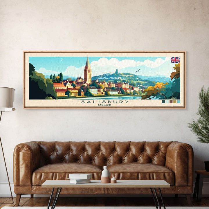Panoramic Travel Poster Salisbury, England Canvas Print, Salisbury, England Painting, England Art, Salisbury Travel Art, Guest Room Painting