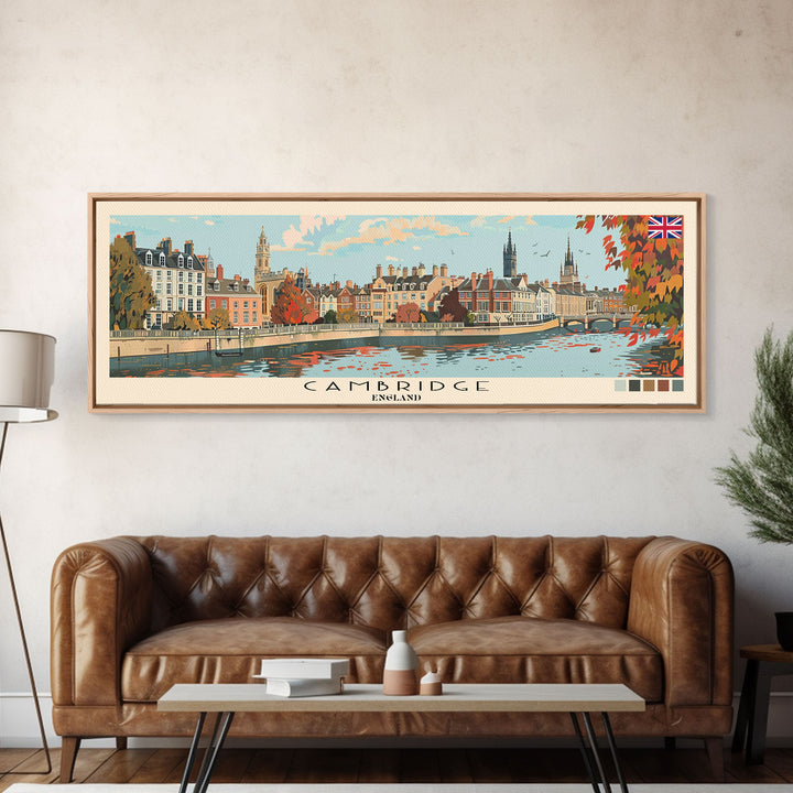 Cambridge, England Panoramic Canvas Print, Cambridge, England Painting, England Art, Cambridge Travel Poster, Travel Art, Living Room Painting