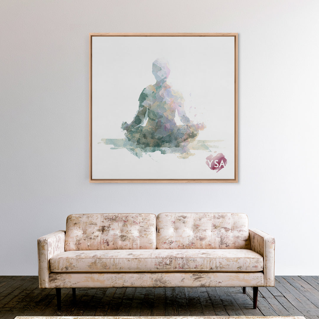 Soft Watercolor Aura Around Seated Figure Canvas Print, Yoga Studio Art, Living Room Wall Art, Yoga Studio Decor, Balance, YSA-1x1-23