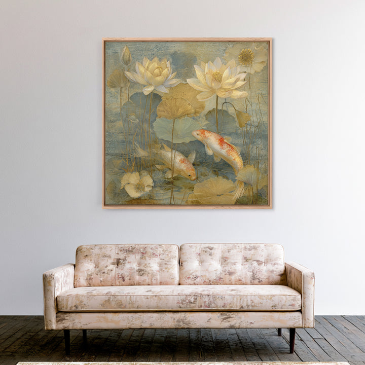Lotus and Koi Water Scene Framed Canvas Print, Yoga Studio Art, Minimalist Art, Yoga Studio Decor, Fine Art, Balance, YSA-1x1-46