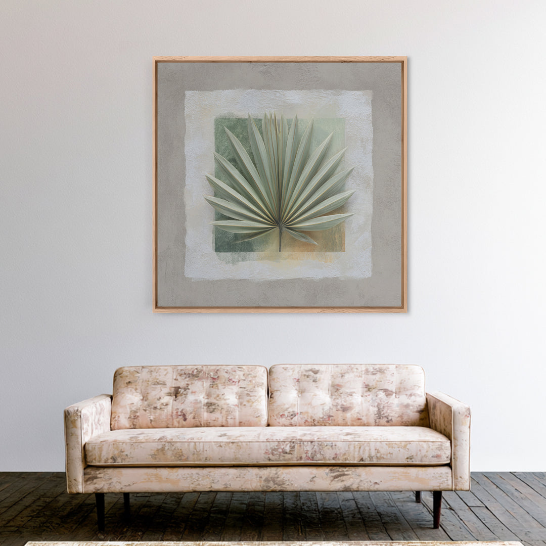 Gentle Palm Leaf Shadow on Plaster Framed Canvas Print, Yoga Studio Art, Art Print, Yoga Studio Decor, Oil Painting, Balance, YSA-1x1-48