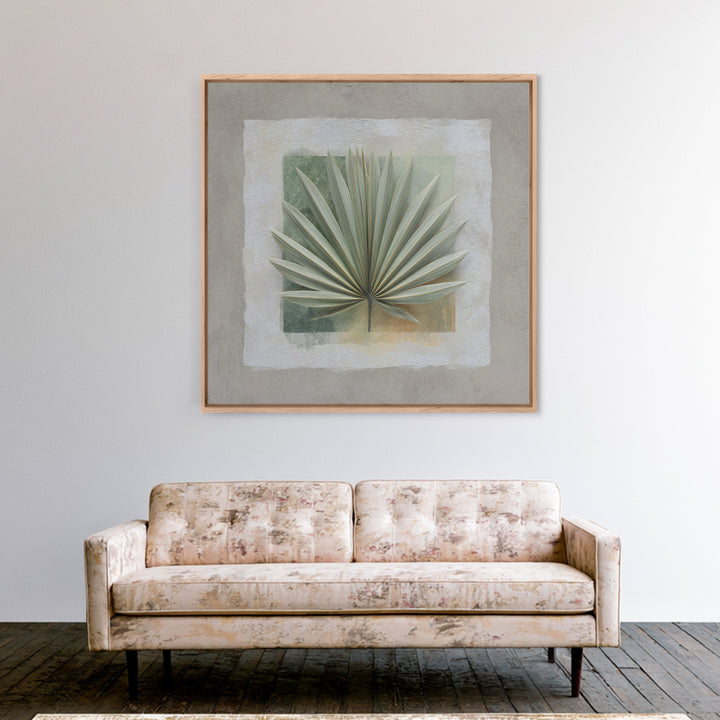 Gentle Palm Leaf Shadow on Plaster Framed Canvas Print, Yoga Studio Art, Art Print, Yoga Studio Decor, Oil Painting, Balance, YSA-1x1-48