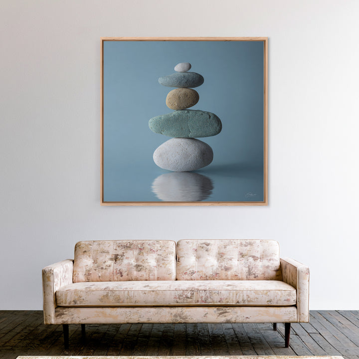 Balanced Stones Beside Calm Water Framed Canvas Print, Yoga Studio Art, Art Nouveau Decor, Yoga Studio Decor, Fine Art, Balance, YSA-1x1-52