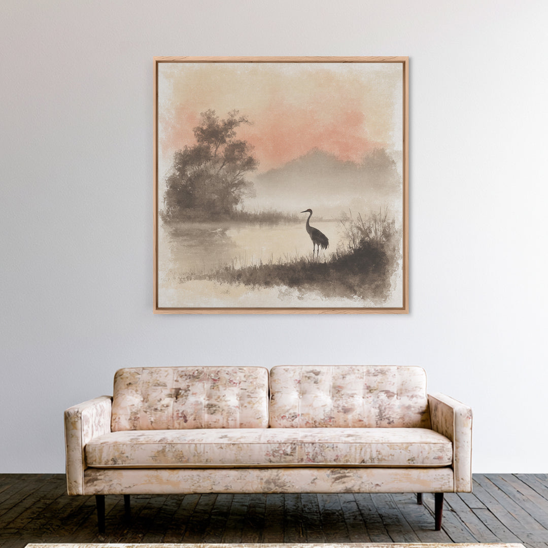 White Crane in Misty Morning Framed Canvas Print, Yoga Studio Art, Gym Art, Yoga Studio Decor, Balance, Minimalist Decor, YSA-1x1-63