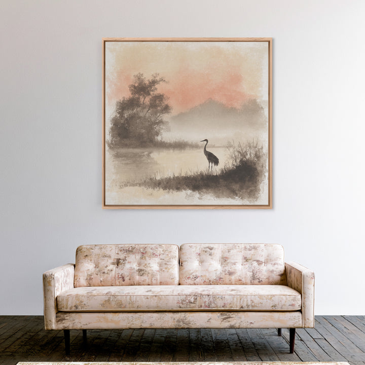 White Crane in Misty Morning Framed Canvas Print, Yoga Studio Art, Gym Art, Yoga Studio Decor, Balance, Minimalist Decor, YSA-1x1-63