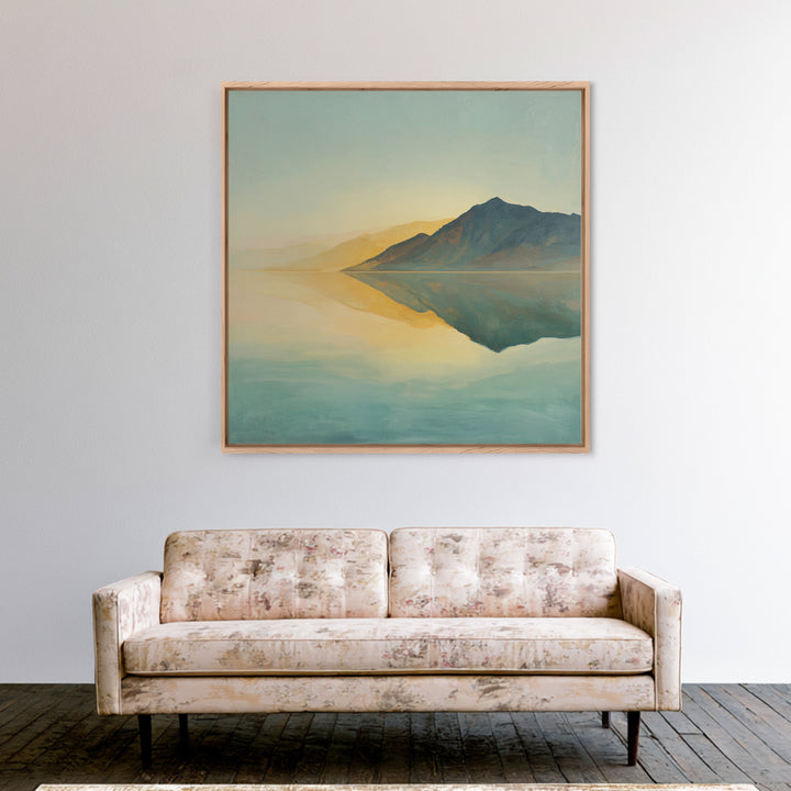 Sunrise Mountain Lake Reflection Framed Canvas Print, Yoga Studio Art, Boho Art, Yoga Studio Decor, Oil Painting, Balance, YSA-1x1-68