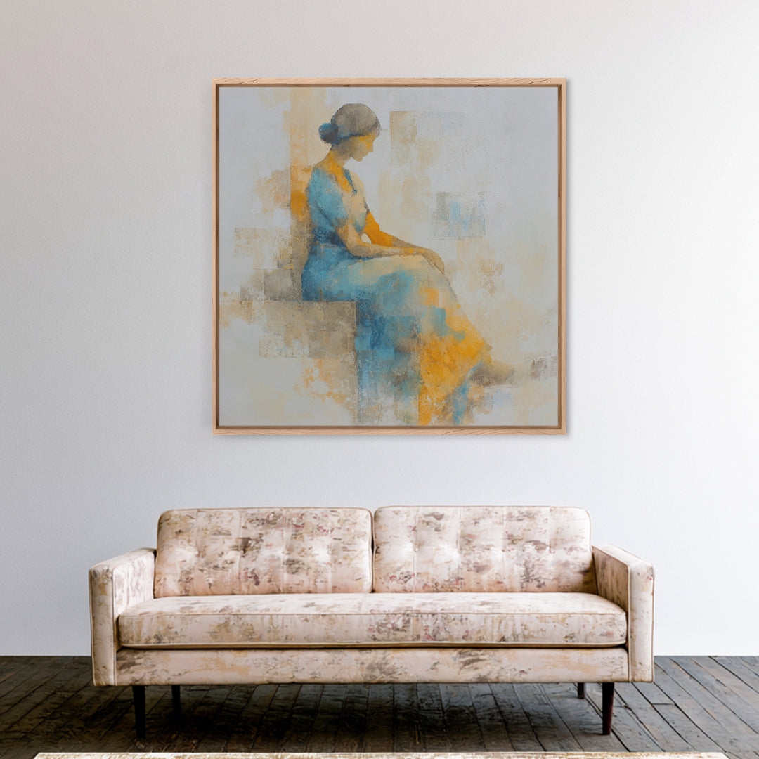 Soft Watercolor Aura Around Seated Figure Framed Canvas Print, Yoga Studio Art, Feminine Wall Art, Yoga Studio Decor, Balance, YSA-1x1-71