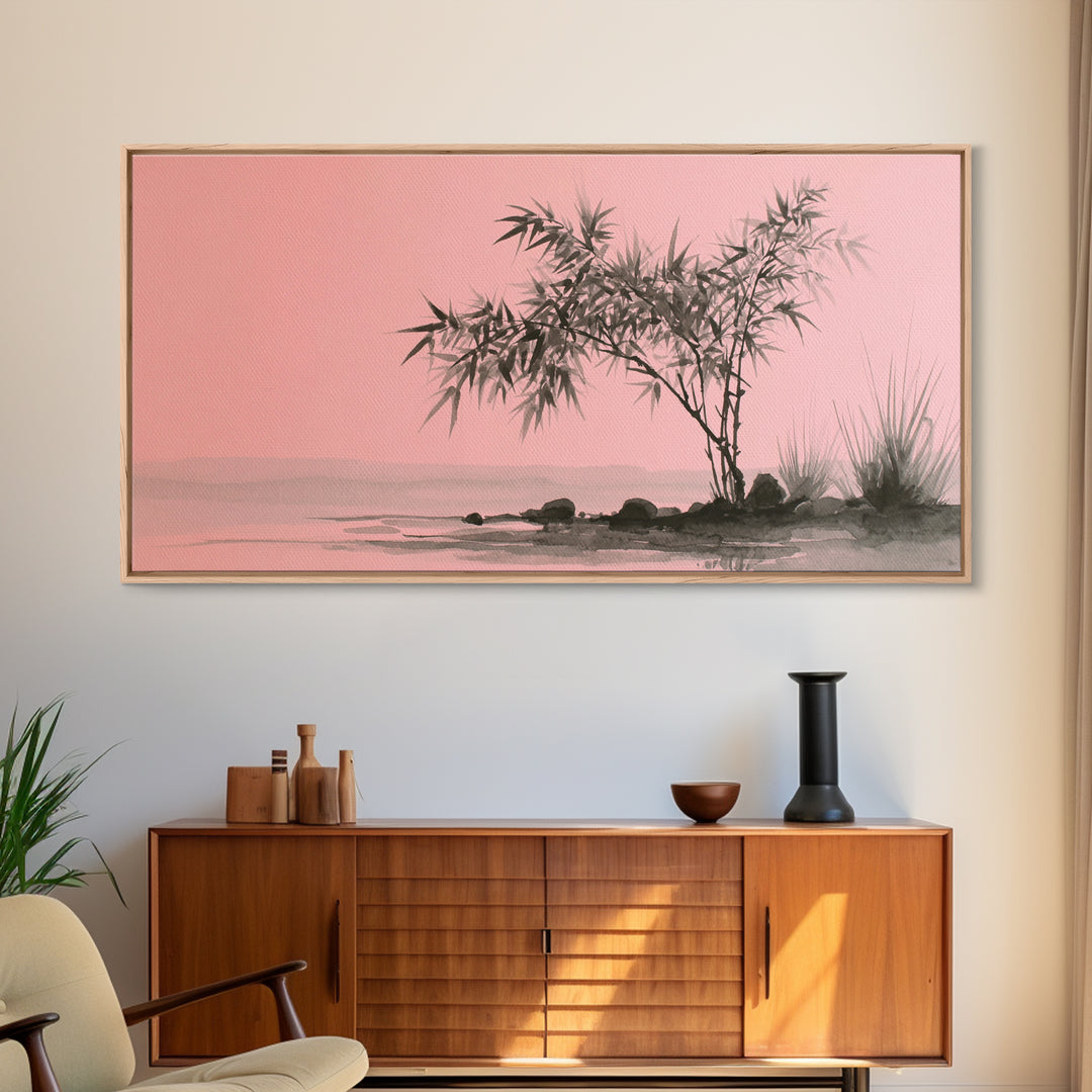 Bamboo and Mist Ink Wash Composition Canvas Print, Yoga Studio Art, Contemporary Art, Yoga Studio Decor, Fine Art, Balance, YSA-2x1-54