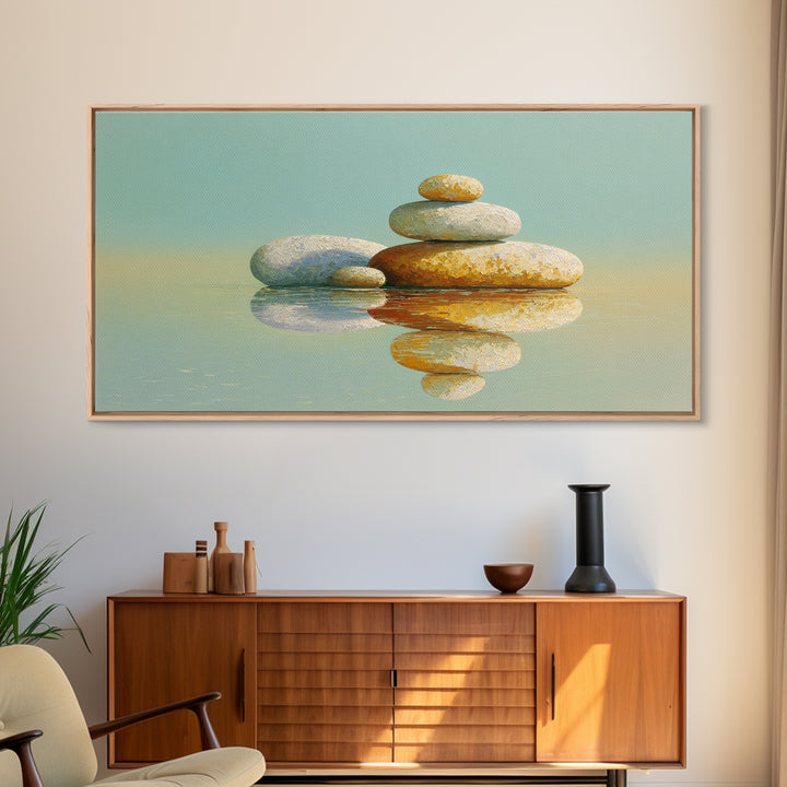 Balanced Stones Beside Calm Water Framed Canvas Print, Yoga Studio Art, Living Room Wall Art, Yoga Studio Decor, Balance, YSA-2x1-72