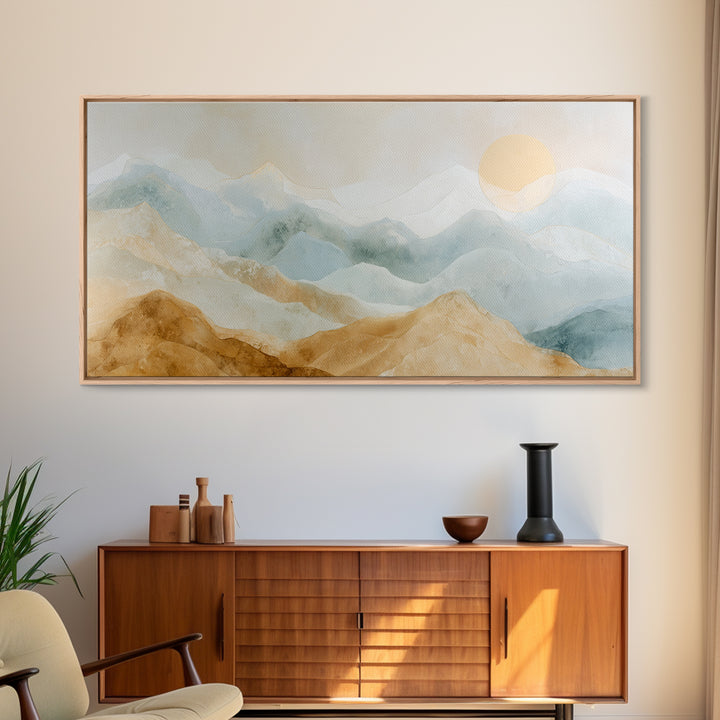 Moon Phase Arc Above Mountain Silhouette Framed Canvas Print, Yoga Studio Art, Metal Wall Decor, Yoga Studio Decor, Balance, YSA-2x1-97