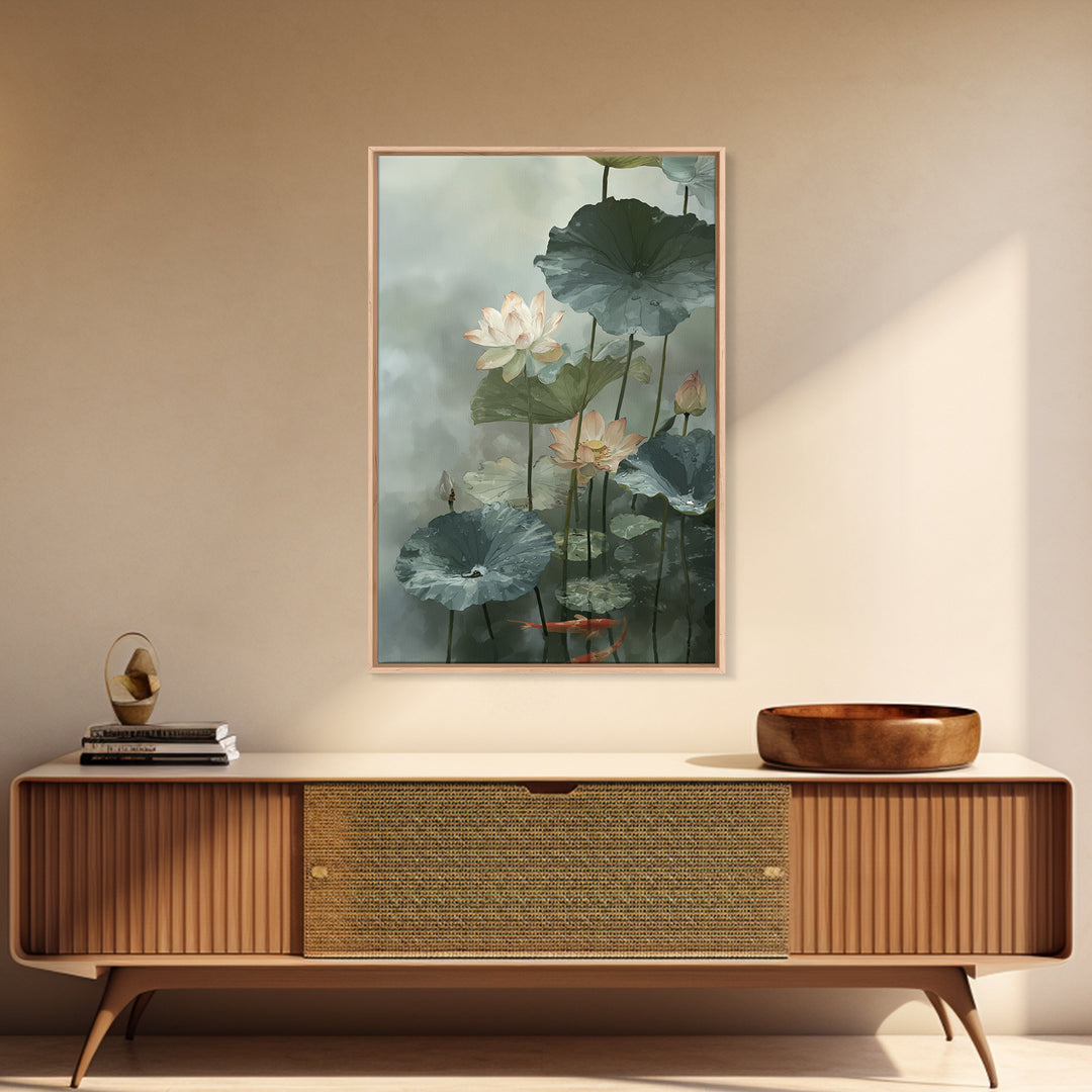 Lotus and Koi Water Scene Framed Canvas Print, Yoga Studio Art, Boho Decor, Yoga Studio Decor, Balance, Bookshelf Decor, YSA-2x3-30