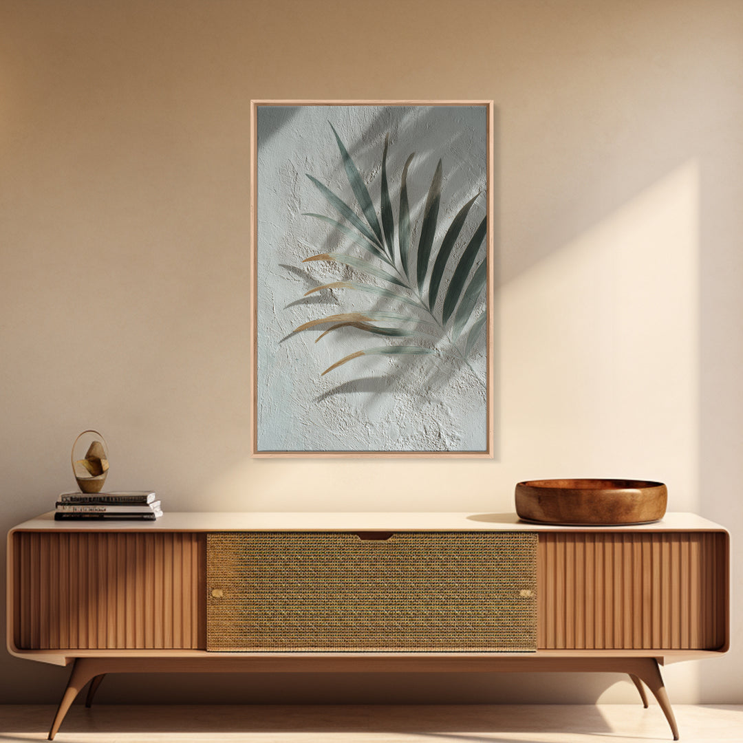 Gentle Palm Leaf Shadow on Plaster Framed Canvas Print, Yoga Studio Art, Yoga Studio Decor, Watercolor Art, Balance, YSA-2x3-80