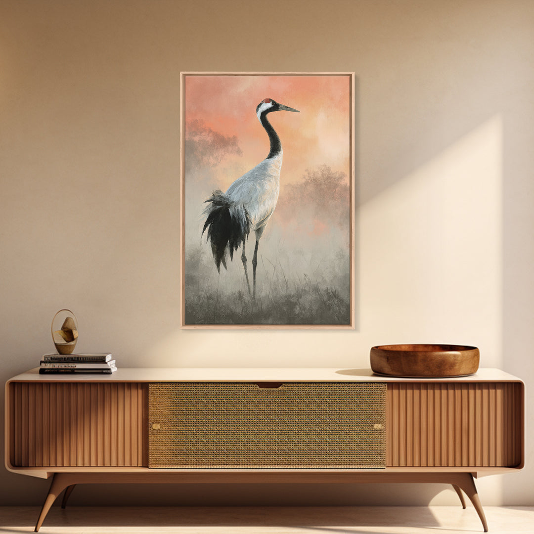 White Crane in Misty Morning Canvas Print, Yoga Studio Art, Mandala Wall Art, Yoga Studio Decor, Oil Painting, Balance, YSA-2x3-95
