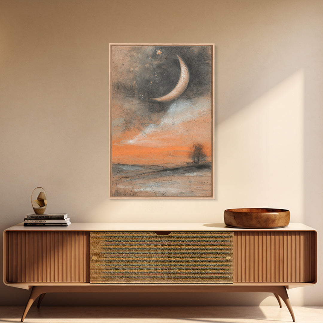 Crescent Moon and Stars Framed Canvas Print, Yoga Studio Art, Printable Wall Art, Yoga Studio Decor, Watercolor Art, Balance, YSA-2x3-98