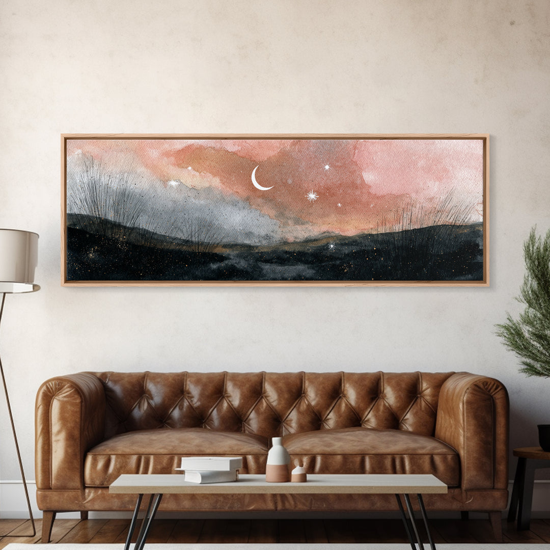Crescent Moon and Stars Framed Canvas Print, Yoga Studio Art, Home Decor, Yoga Studio Decor, Fine Art, Balance, Custom Wall Art, YSA-3x1-10