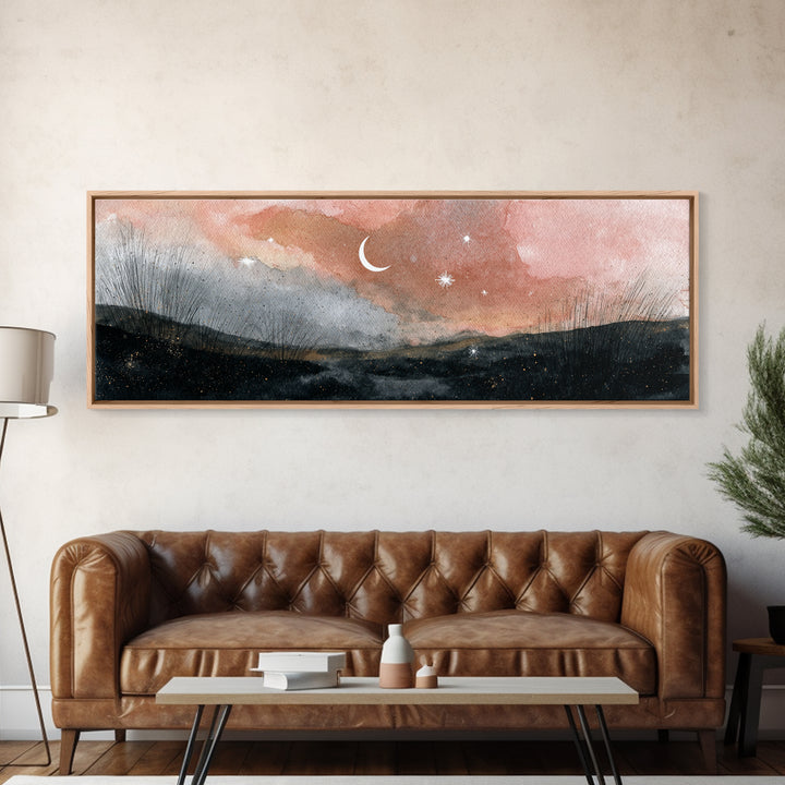Crescent Moon and Stars Framed Canvas Print, Yoga Studio Art, Home Decor, Yoga Studio Decor, Fine Art, Balance, Custom Wall Art, YSA-3x1-10