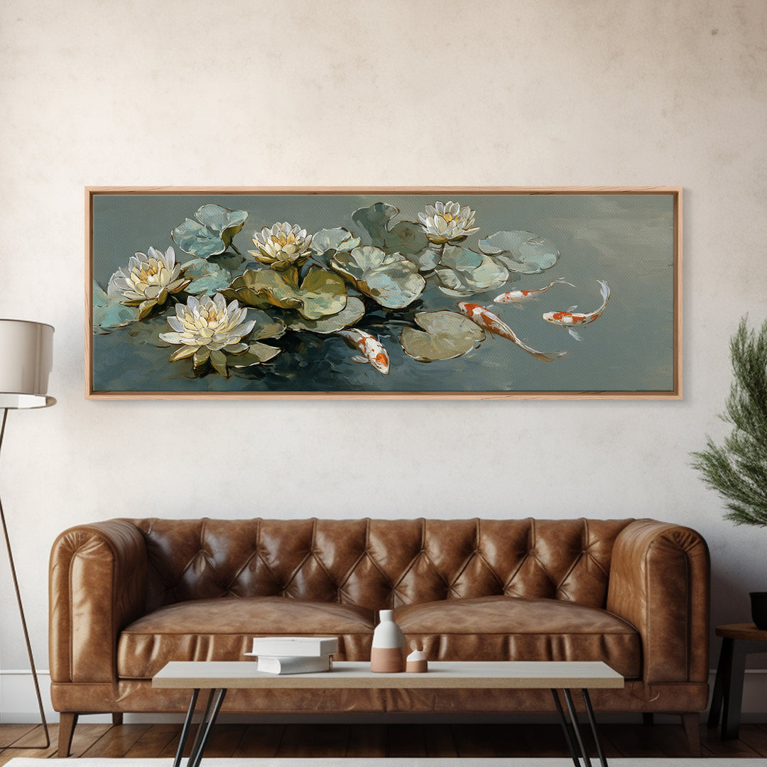 Lotus and Koi Water Scene Canvas Print, Yoga Studio Art, Boho Wall Hanging, Yoga Studio Decor, Fine Art, Balance, YSA-3x1-14