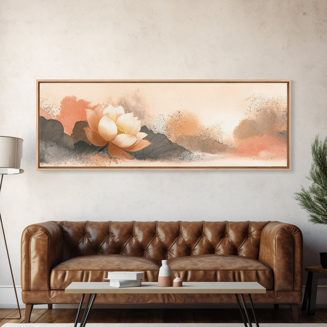 Lotus Flower with Soft Golden Glow Framed Canvas Print, Yoga Studio Art, Wall Art Print, Yoga Studio Decor, Fine Art, Balance, YSA-3x1-67