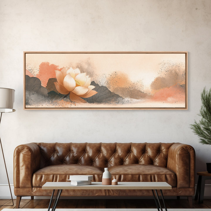 Lotus Flower with Soft Golden Glow Framed Canvas Print, Yoga Studio Art, Wall Art Print, Yoga Studio Decor, Fine Art, Balance, YSA-3x1-67