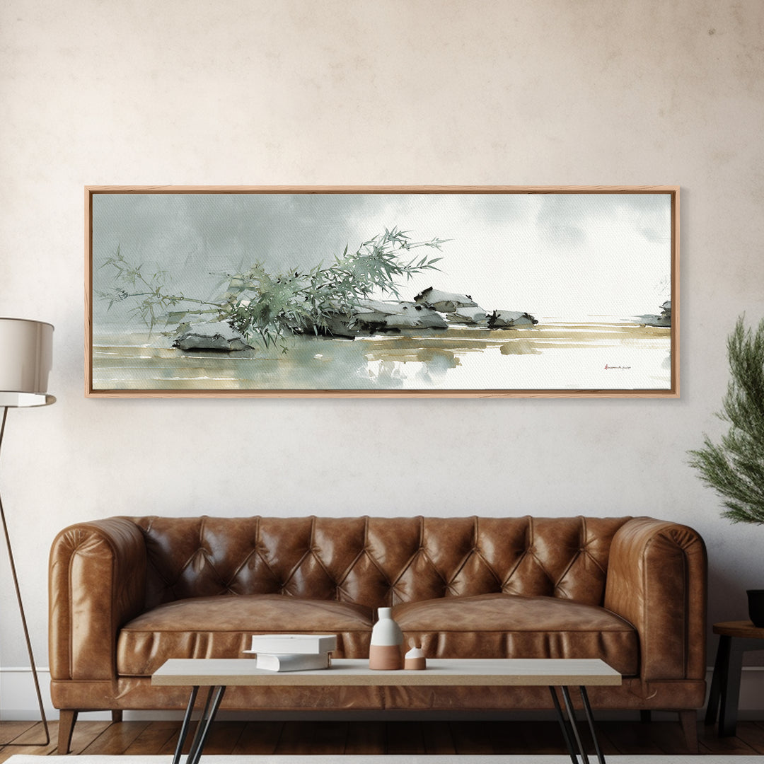 Bamboo and Mist Ink Wash Composition Framed Canvas Print, Yoga Studio Art, Nature Prints, Yoga Studio Decor, Oil Painting, YSA-3x1-74