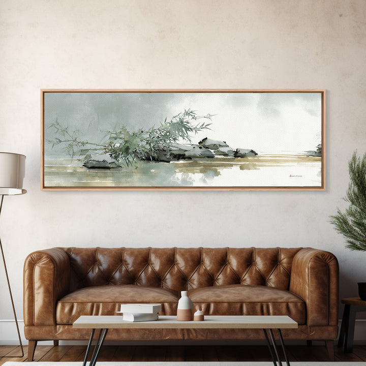 Bamboo and Mist Ink Wash Composition Framed Canvas Print, Yoga Studio Art, Nature Prints, Yoga Studio Decor, Oil Painting, YSA-3x1-74