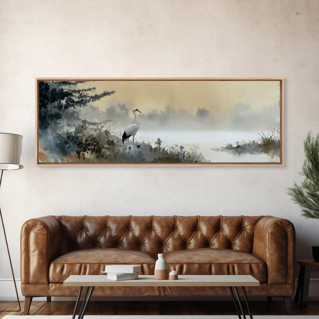White Crane in Misty Morning Framed Canvas Print, Yoga Studio Art, Minimalist Wall Art, Yoga Studio Decor, Oil Painting, YSA-3x1-79
