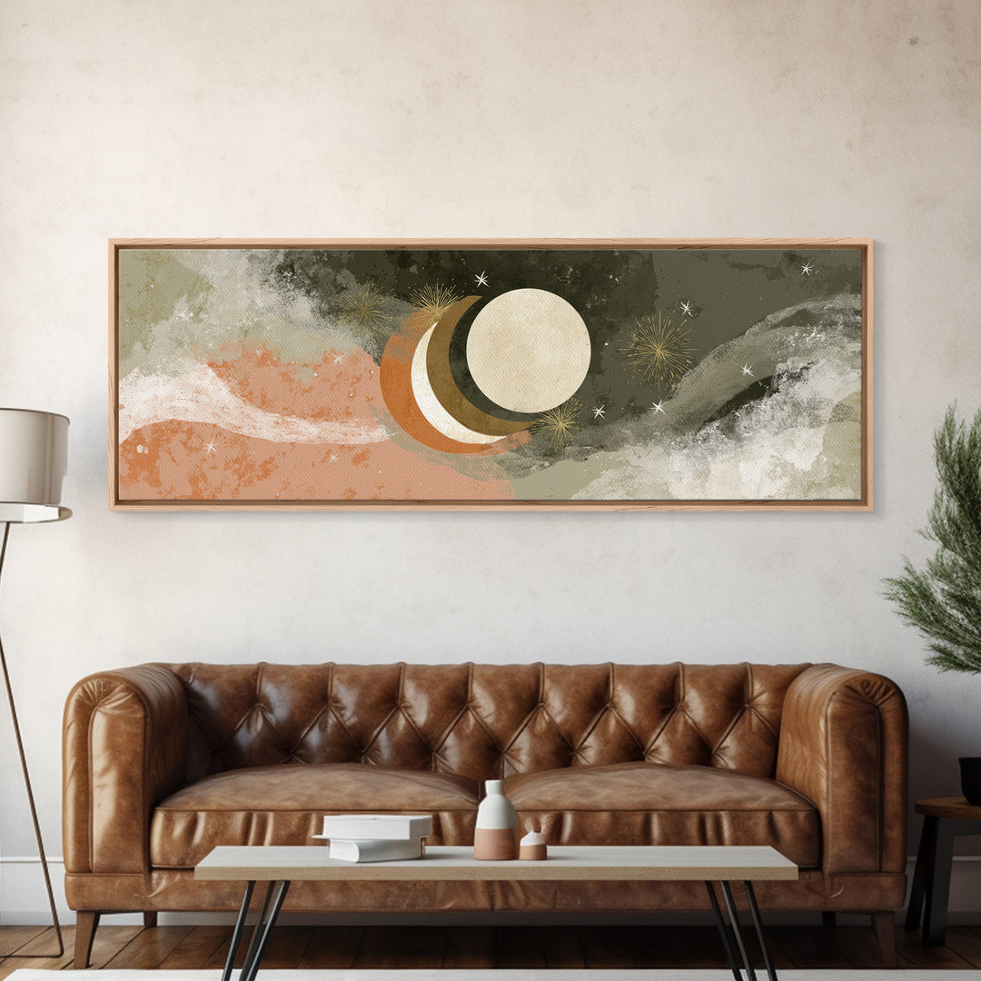 Crescent Moon and Stars Framed Canvas Print, Yoga Studio Art, Metal Wall Decor, Yoga Studio Decor, Fine Art, Balance, YSA-3x1-82