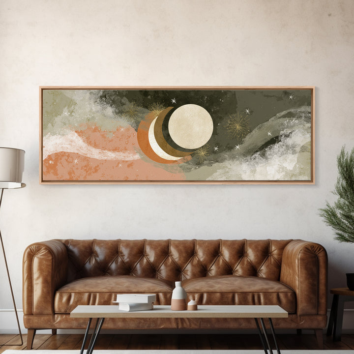 Crescent Moon and Stars Framed Canvas Print, Yoga Studio Art, Metal Wall Decor, Yoga Studio Decor, Fine Art, Balance, YSA-3x1-82