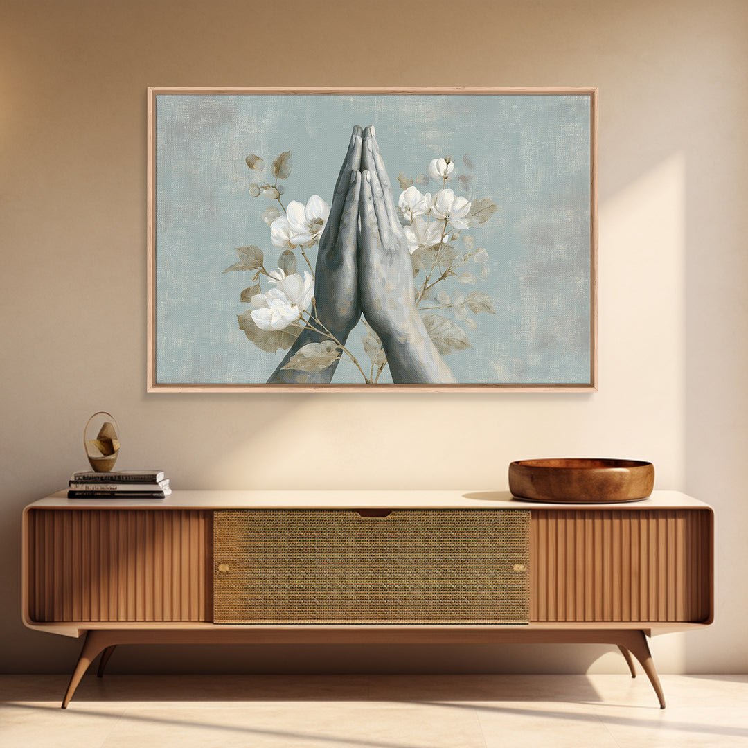 Yoga Hands in Prayer with Small Flowers Canvas Print, Yoga Studio Art, Living Room Wall Art, Yoga Studio Decor, Balance, YSA-3x2-15