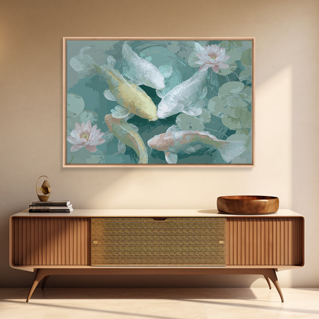 Lotus and Koi Water Scene Framed Canvas Print, Yoga Studio Art, Yoga, Yoga Studio Decor, Fine Art, Balance, Nature Prints, YSA-3x2-2