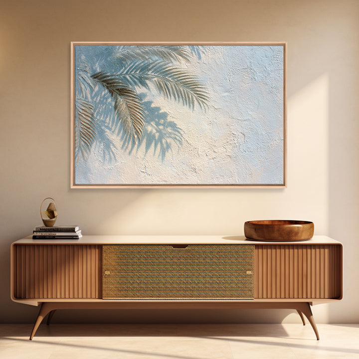 Gentle Palm Leaf Shadow on Plaster Framed Canvas Print, Yoga Studio Art, Minimalist Wall Art, Yoga Studio Decor, Balance, YSA-3x2-28