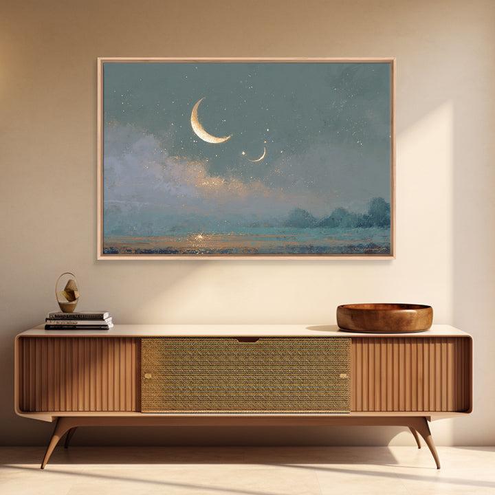 Crescent Moon and Stars Framed Canvas Print, Yoga Studio Art, Large Wall Decor, Yoga Studio Decor, Fine Art, Balance, YSA-3x2-46