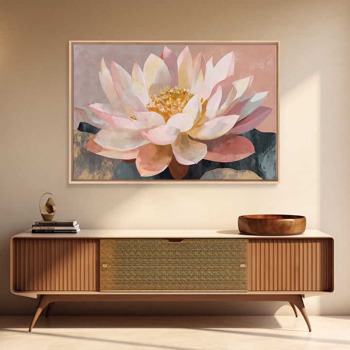 Lotus Flower with Soft Golden Glow Framed Canvas Print, Yoga Studio Art, Yoga Studio Decor, Watercolor Art, Balance, YSA-3x2-55