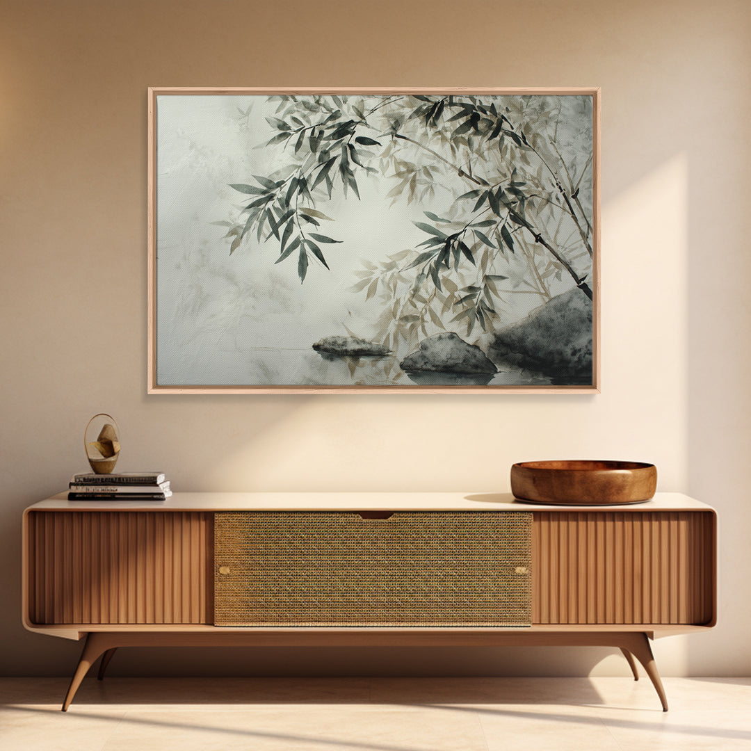 Bamboo and Mist Ink Wash Composition Canvas Print, Yoga Studio Art, Metal Wall Decor, Yoga Studio Decor, Fine Art, Balance, YSA-3x2-62
