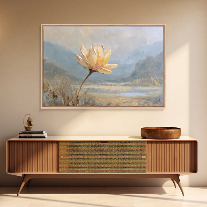 Lotus Flower with Soft Golden Glow Framed Canvas Print, Yoga Studio Art, Feminine Wall Art, Yoga Studio Decor, Watercolor Art, YSA-3x2-79