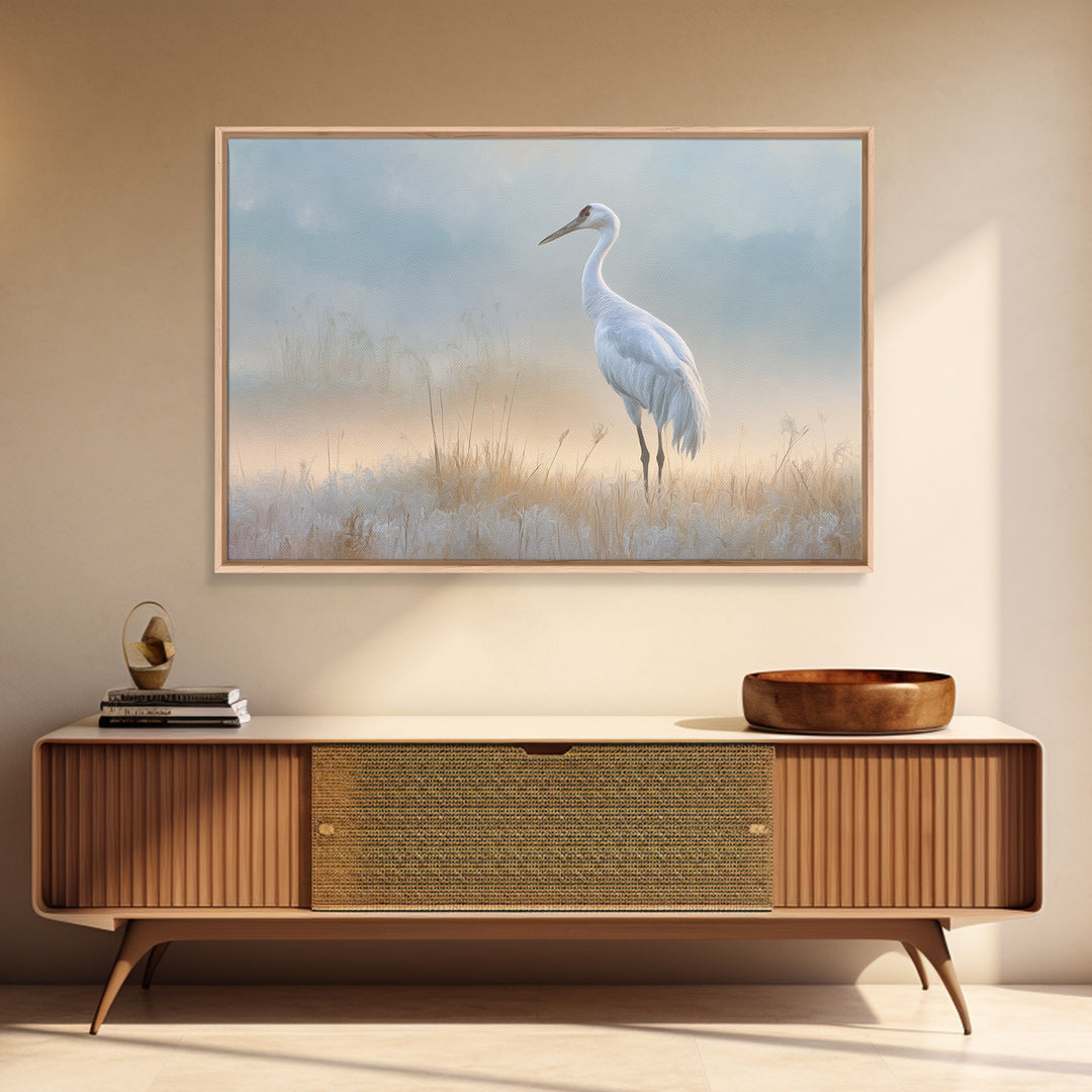 White Crane in Misty Morning Framed Canvas Print, Yoga Studio Art, Art Print, Yoga Studio Decor, Oil Painting, Balance, YSA-3x2-91