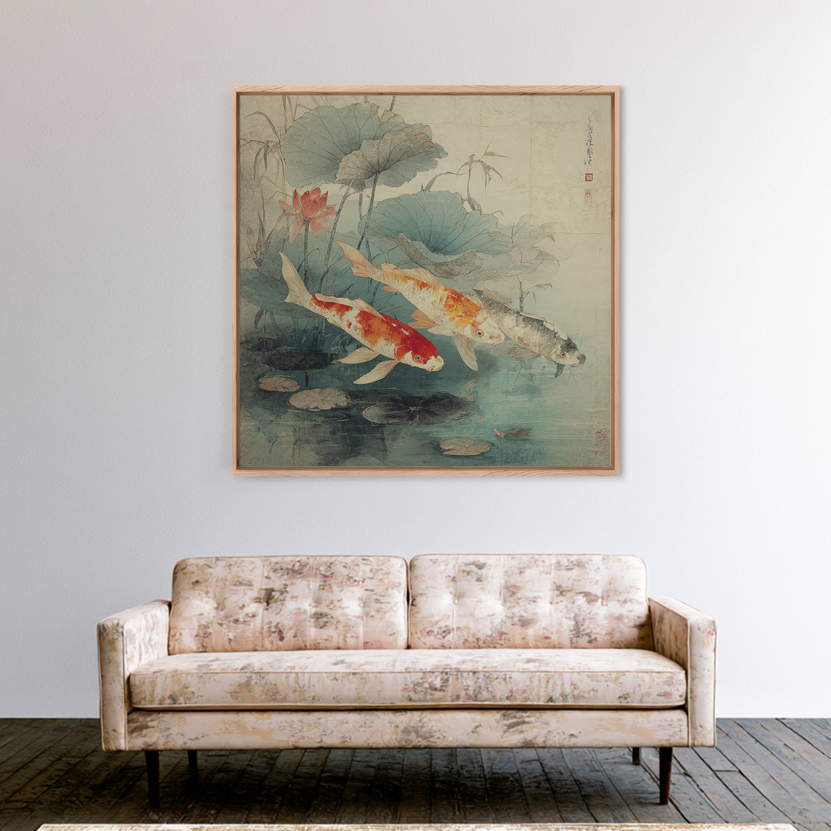 Koi Fish Beneath Floating Lotus Leaves Framed Canvas Print, Zen Art, Metal Wall Art, Living Room Decor, Oil Painting, Zen, ZEN-1x1-28