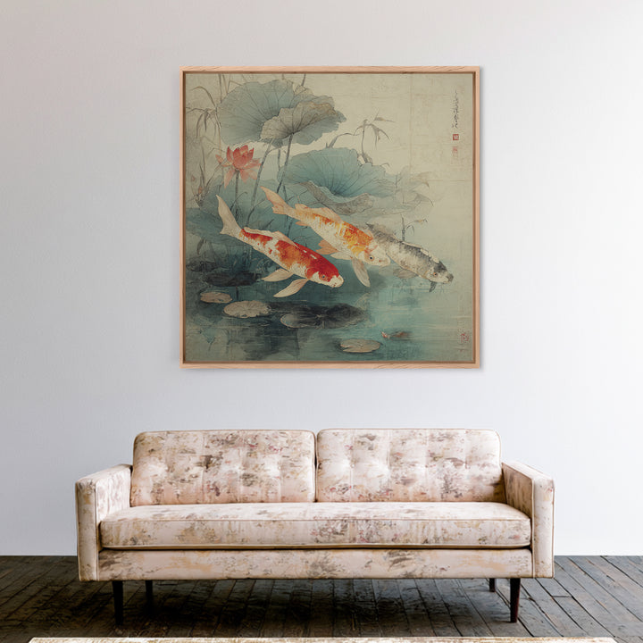 Koi Fish Beneath Floating Lotus Leaves Framed Canvas Print, Zen Art, Metal Wall Art, Living Room Decor, Oil Painting, Zen, ZEN-1x1-28
