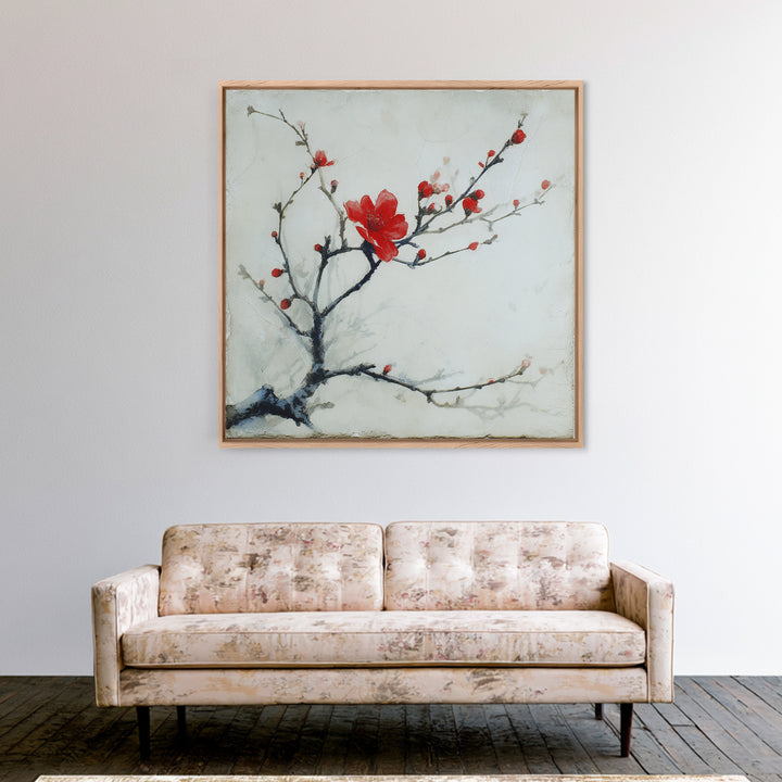 Black Branch with One Red Blossom Framed Canvas Print, Zen Art, Art Print, Living Room Decor, Fine Art, Zen, Boho Wall Decor, ZEN-1x1-33