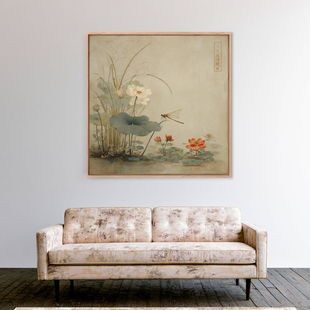 Dragonfly over Lotus Pond Framed Canvas Print, Zen Art, Japandi Wall Art, Living Room Decor, Fine Art, Zen, Neutral Decor, ZEN-1x1-64