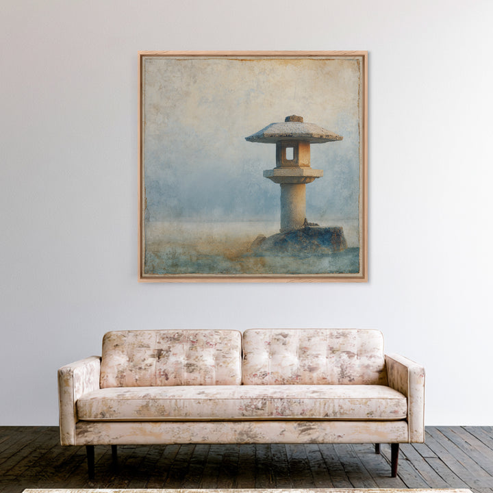 Stone Lantern in Morning Fog Without Garden Framed Canvas Print, Zen Art, Contemporary Art, Living Room Decor, Fine Art, Zen, ZEN-1x1-66